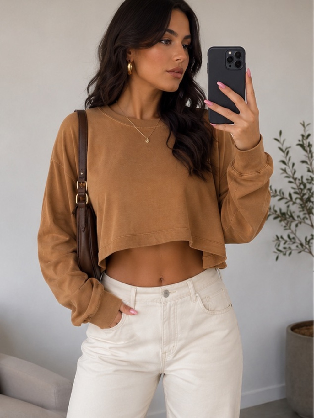 Double Zero Camel Brown Cropped Sweater - Long Sleeve Boxy Fit